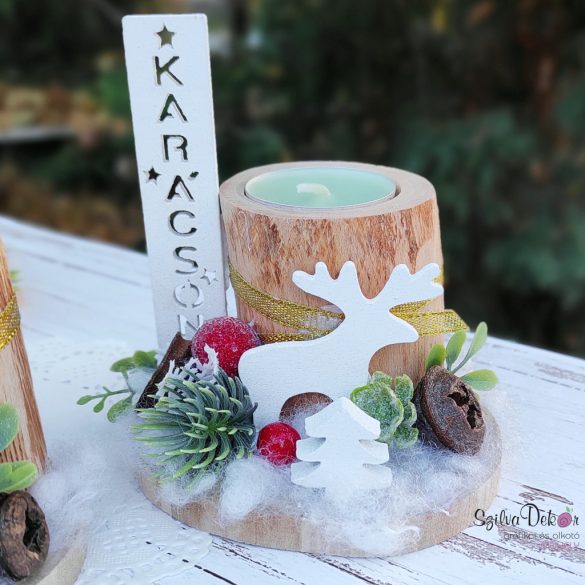 Karácsonyi rénis farönk mécsestartó 