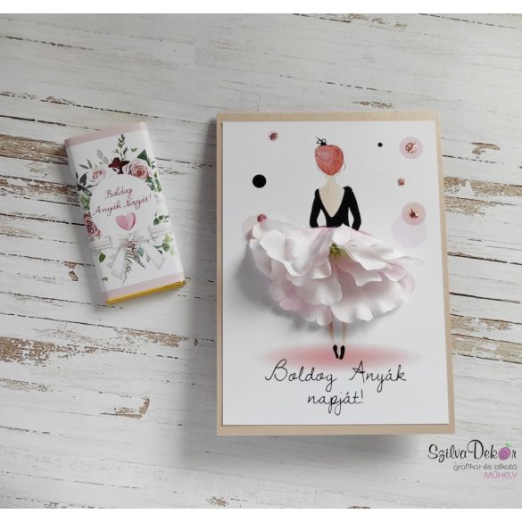 Anyák napi virágos pöttyös képeslap + kistáblás csokidekor