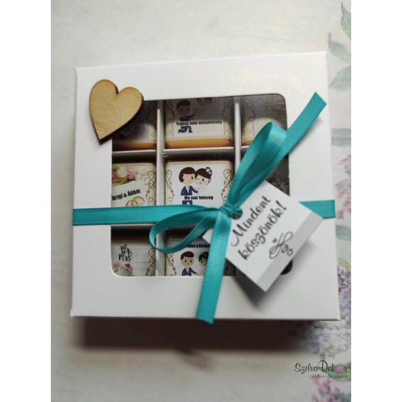 Esküvői szülőköszöntő ajándék-  9 darab egyedi papíros csoki díszdobozban