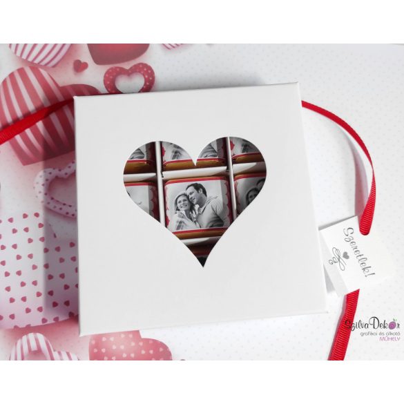Valentin napi 9 darabos csokidekoráció fehér szíves dobozban