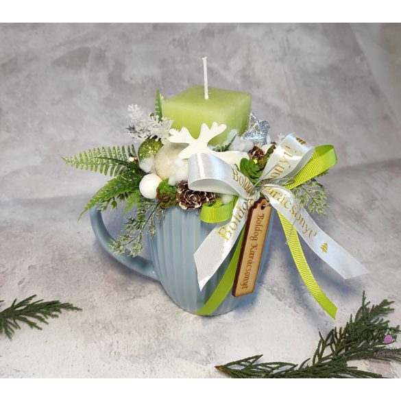 Bögrés kékes zöldes asztaldísz