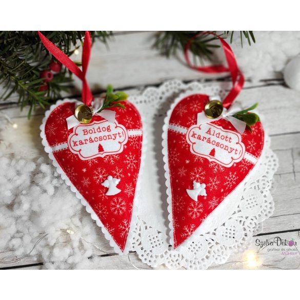 Hópihés-feliratos szív 2 darabos karácsonyfadísz szett