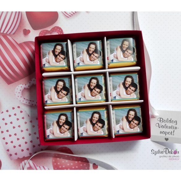 Valentin napi 9 darabos csokidekoráció piros szíves dobozban