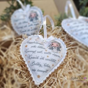 Szürke angyalos feliratos szív karácsonyfadísz 